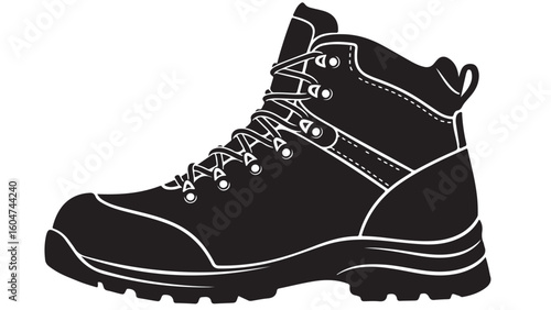 Black and white vector illustration of a laced leather hiking boot.