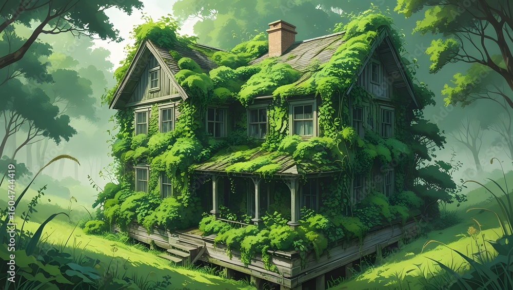Abandoned victorian house overgrown with lush green vegetation in a forest Abandoned victorian house overgrown with lush green vegetation in a forest