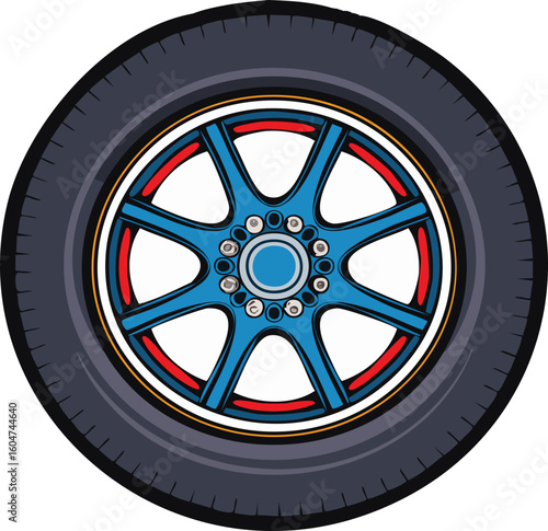 Sport Car Tire with Alloy Wheel Rim Vector Illustration