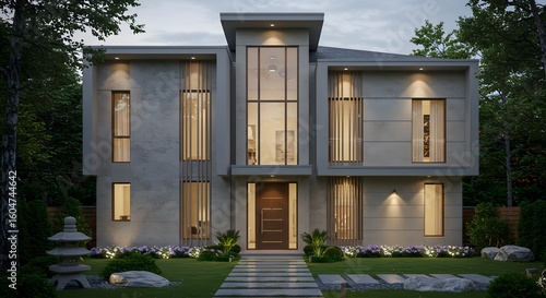 Modern house with clean lines large windows and manicured landscaping representing contemporary architecture and upscale living
