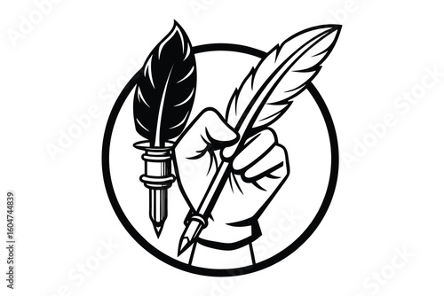 Hand holding a quill pen with a second quill pen behind it inside a circle silhouette isolated on white background