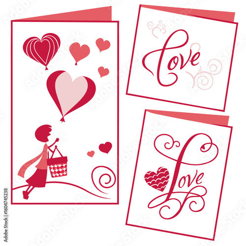 Three valentine's day cards with love theme featuring hearts girl and basket in red and pink colors scheme