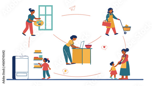 Illustrating a busy modern woman managing household chores and family responsibilities while working from home and multitasking effectively throughout her day