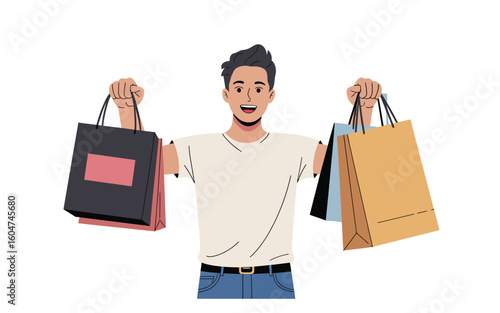 Illustration of person holding colorful shopping bags in each hand, symbolizing retail therapy, fashion, consumerism, and joyful purchases