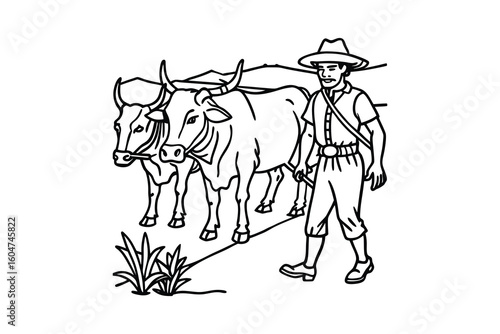 Farmer with oxen and plow in a field vintage illustration silhouette isolated on white background