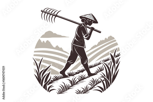 Silhouette of a farmer carrying a rake over his shoulder walking through a field isolated on white background