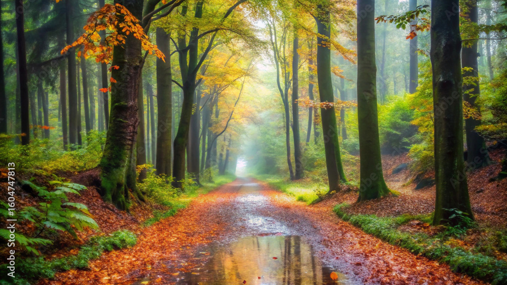 Obraz premium Autumn Forest Pathway Sunlight