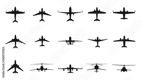 Multiple aircraft silhouettes including airplanes and helicopters aviation transport