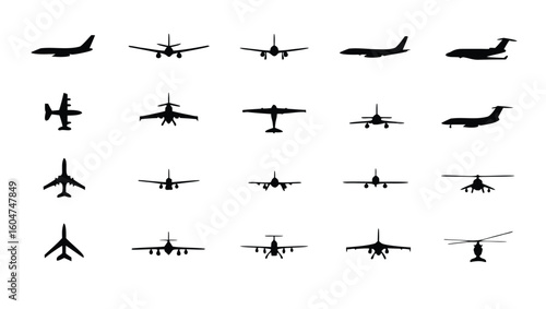 Various aircraft silhouettes in black and white airplane helicopter