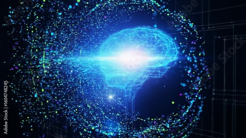 Brain Circuit Simulation With Flowing Particle Stream Over Dark Background