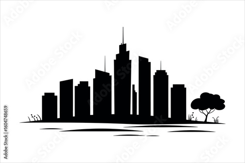 Black silhouette of city skyline with tree and grass
