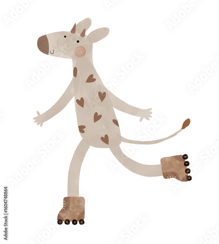 Hand Drawn Vector Illustration With Happy Cow On Rolls. Happy Cow With Spots Of Heart Shape On A White Background. Gender Neutral Colors Nursery Art For Skateroller Lovers. Kids Room Decoration. 