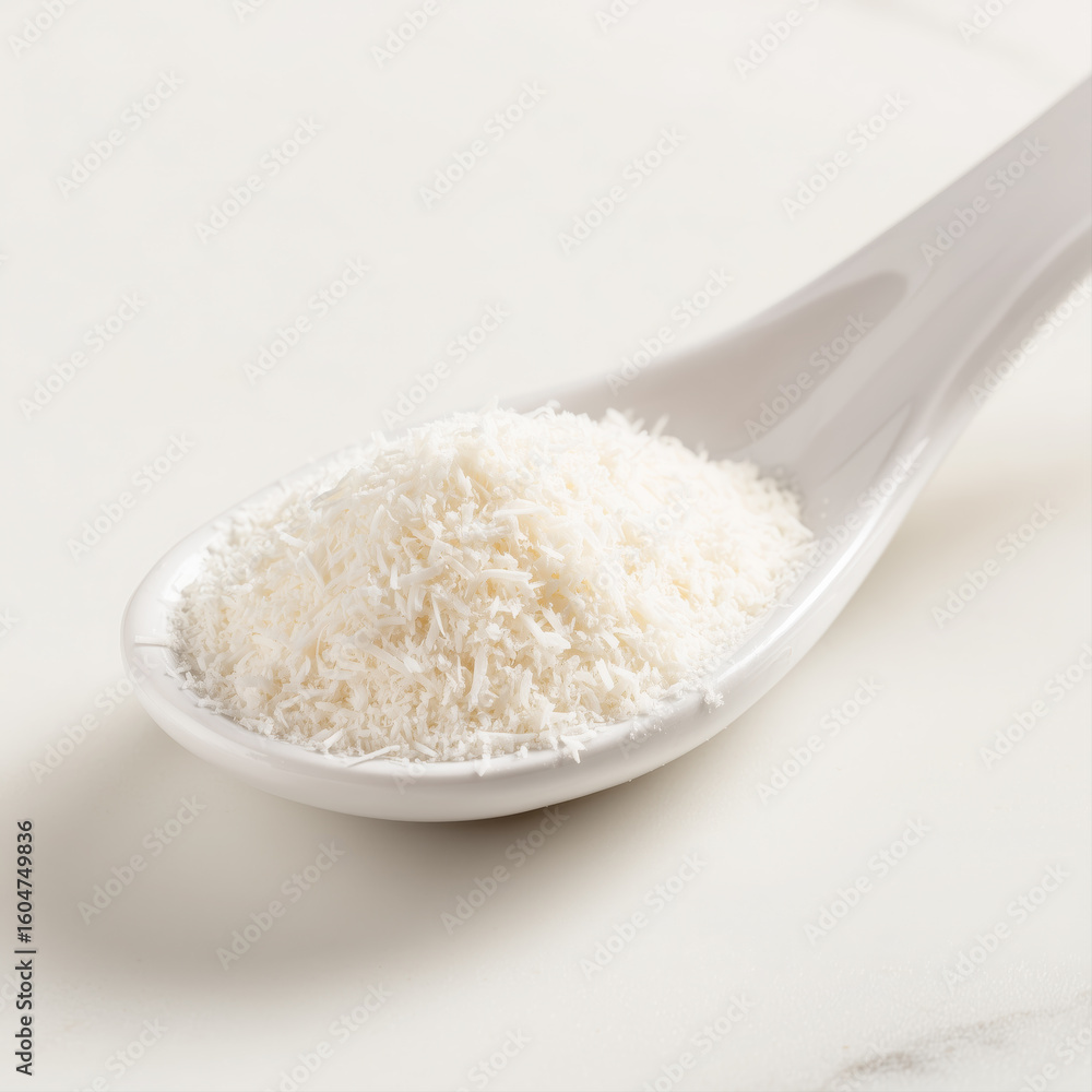 Desiccated coconut flakes resting in a white ceramic spoon Desiccated coconut flakes resting in a white ceramic spoon