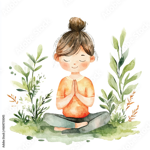 Watercolor Illustration of a Meditating Person Surrounded by Greenery Peaceful Pose