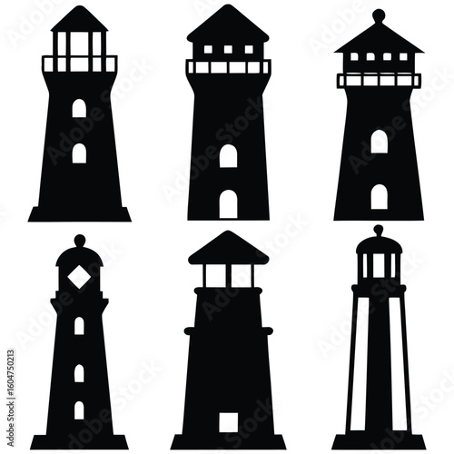 Lighthouse silhouettes collection showing navigational safety and coastal maritime themes