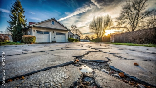 A severely cracked residential driveway at sunset, needing urgent repair, near a house with a double garage