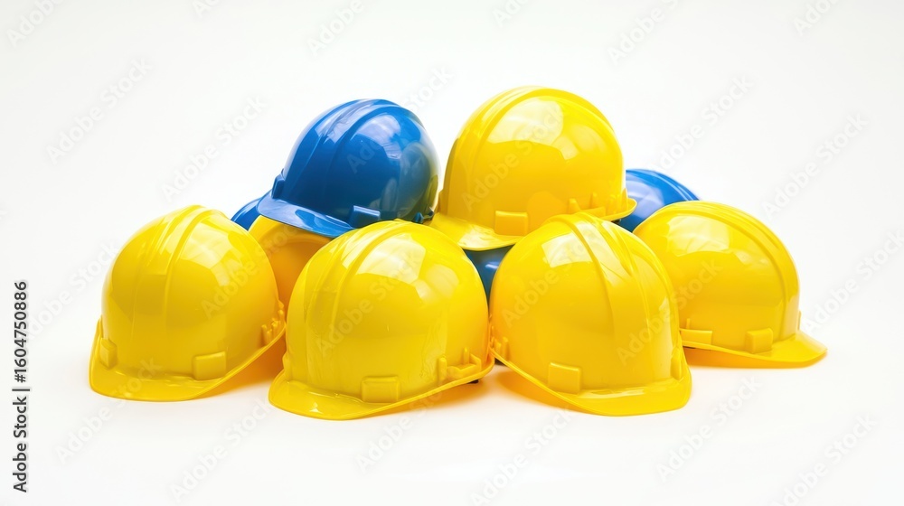 A group of six yellow hard hats with a blue hard hat on top, arranged in a pile on a white background. A group of six yellow hard hats with a blue hard hat on top, arranged in a pile on a white background.