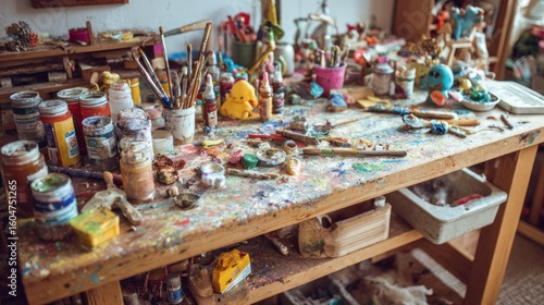Messy art table with paints, brushes, and supplies