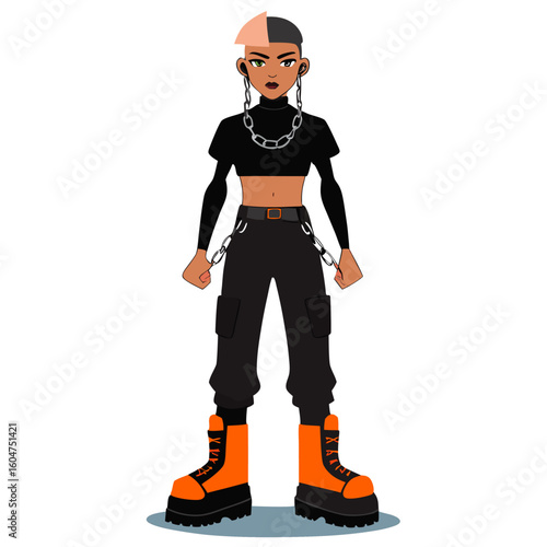 Fashion illustration of a crop top with platform boots and layered chains