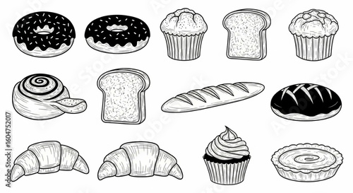 Bakery Doodle Icon Set – Hand Drawn Bread, Donut, Croissant, Muffin, Cupcake, Tart, Baguette, Pastry Sketch Vector

