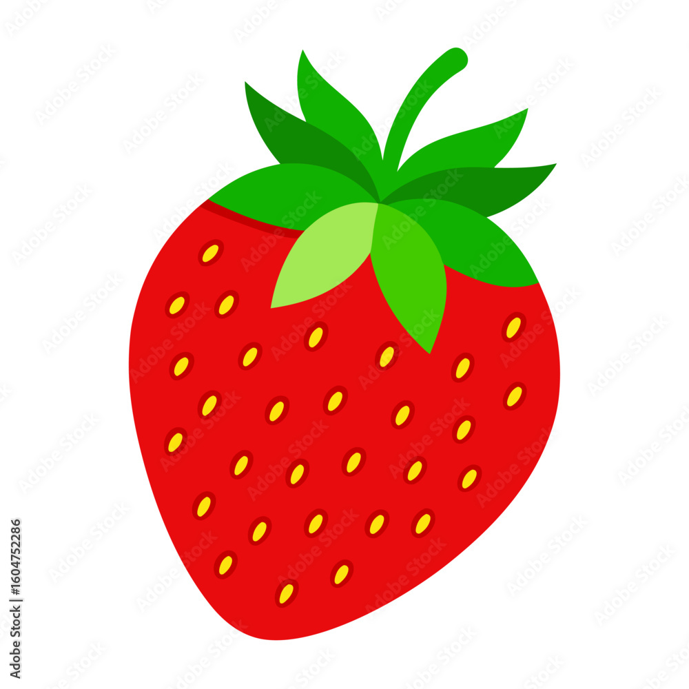 Obraz premium Vibrant red strawberry with detailed seeds and fresh green leaf illustration