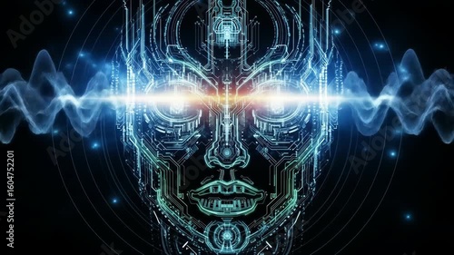 Emerging Circuit Board Face with Glowing Light Rays on Black Background