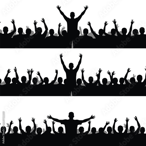 Crowd cheering with raised arms celebrating victory people