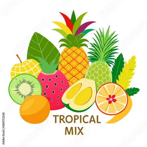 Vibrant tropical fruit mix illustration featuring pineapple mango and passion fruit