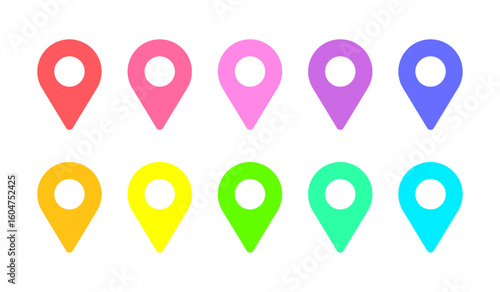 カラフルなマップピンのアイコンセット - シンプルな現在地や目的地、マーカーやポインターの素材