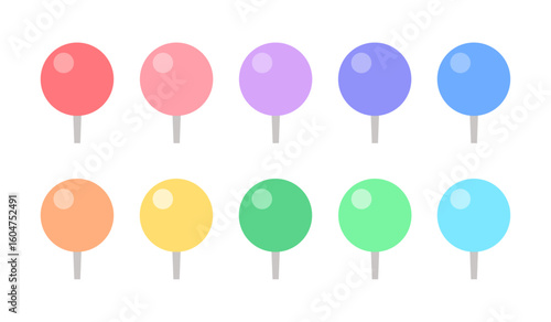 パステルカラーの丸い押しピン・画鋲･まち針のアイコンセット - 目印やマーカーのかわいいイラスト