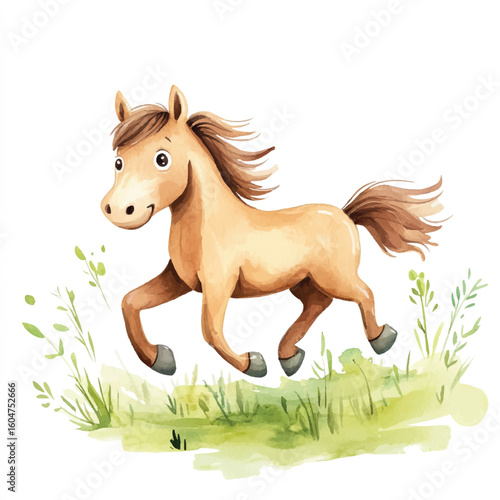Watercolor Illustration of a Playful Running Horse in a Field