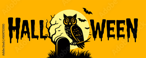 Happy Halloween greeting card, banner, poster, card. Halloween vector background design. Halloween flyer. Halloween party invitation card. Holidays cartoon character. Orange background with black owl