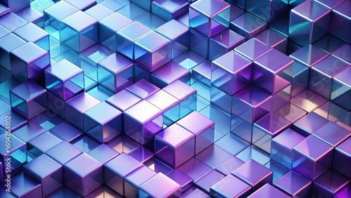 Abstract iridescent cubic composition, a vibrant array of glossy blocks in shades of purple and blue, creating a dynamic and visually engaging texture.