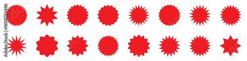 Zig zag wavy edge starburst circle shapes icon set. Red color classic abstract elements with jagged edges. Vector illustration of silhouette blank for sicker, label, tag, badge, stamp, etc. 