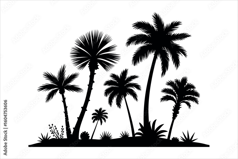 Fototapeta premium Tropical palm trees and foliage silhouette black and white