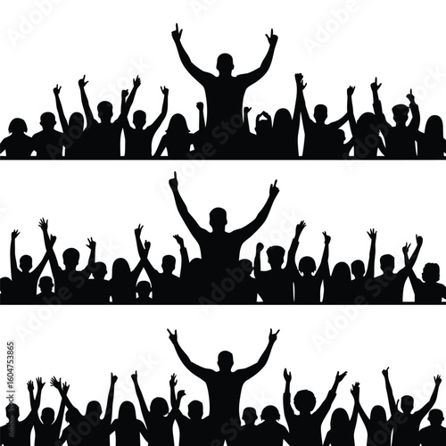 Crowd cheering with raised hands celebrating victory people celebration