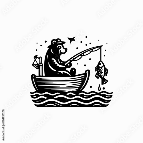 Black and white bear fishing from a boat with a caught fish.