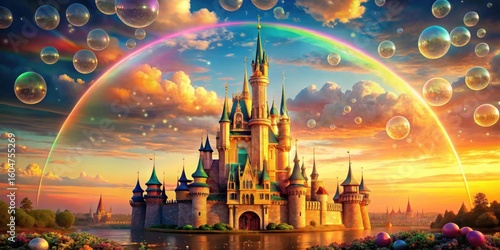 Enchanted Castle at Sunset with Rainbow and Floating Bubbles A Whimsical Fantasy Scene