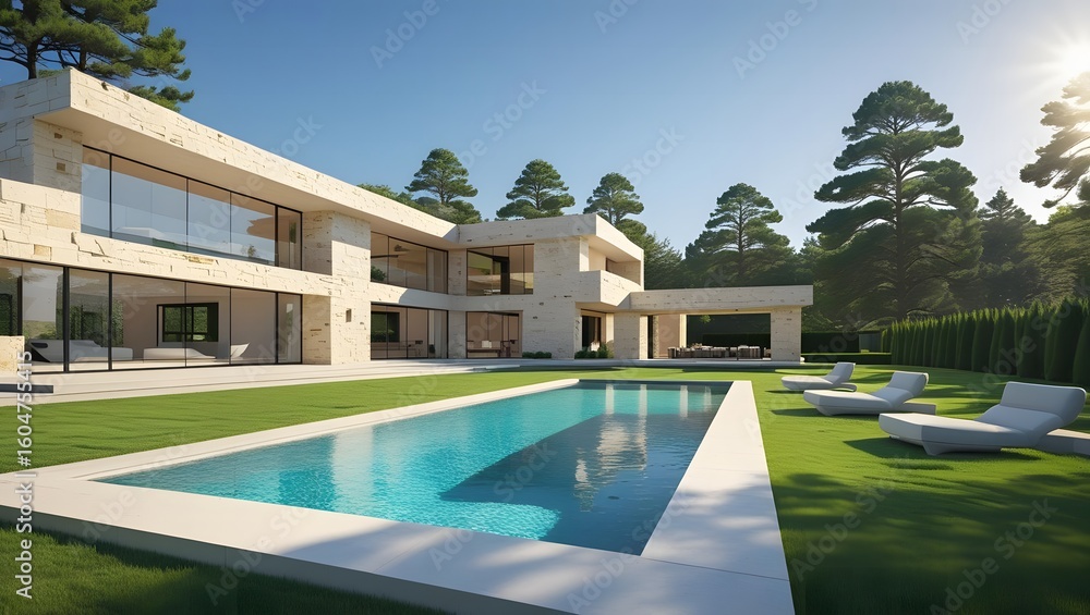 Fototapeta premium Luxurious modern mansion with swimming pool and manicured lawn