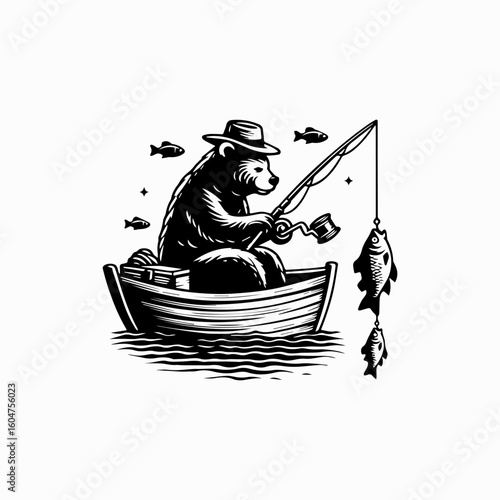Cartoon Bear Fishing in a Boat with Caught Fish and Floating Fish.