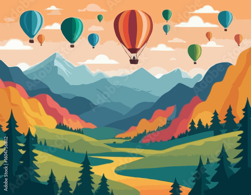 Hot Air Balloon Vector Illustration with Colorful Balloons Flying over Mountains and Forest Landscape for Travel Agency Website Headers and Adventure Tourism Promotion.