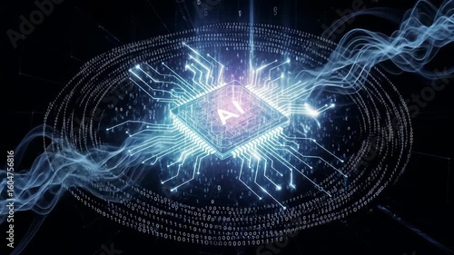Artificial Intelligence Chip with Data Flowing Around It in Abstract Futuristic Style