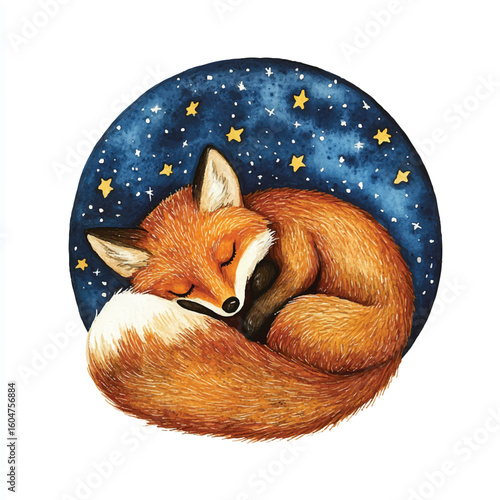 Watercolor Illustration of a Sleeping Fox Under a Starry Night Sky