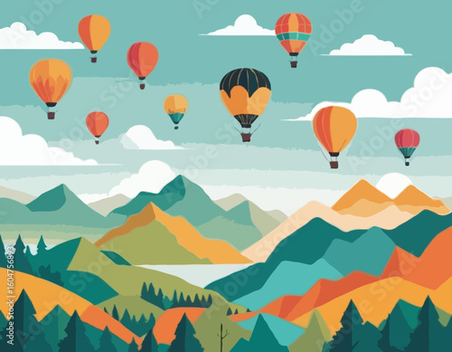 Hot Air Balloon Vector Illustration with Colorful Balloons Flying over Mountains and Forest Landscape for Travel Agency Website Headers and Adventure Tourism Promotion.