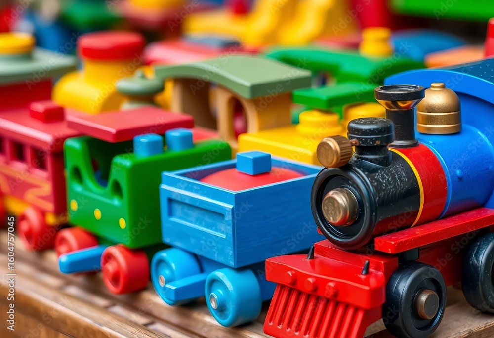 Fototapeta premium Colorful wooden toy train set, close-up view of various carriages and engine, railroad, wheels