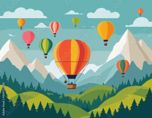 Hot Air Balloon Vector Illustration with Colorful Balloons Flying over Mountains and Forest Landscape for Travel Agency Website Headers and Adventure Tourism Promotion.