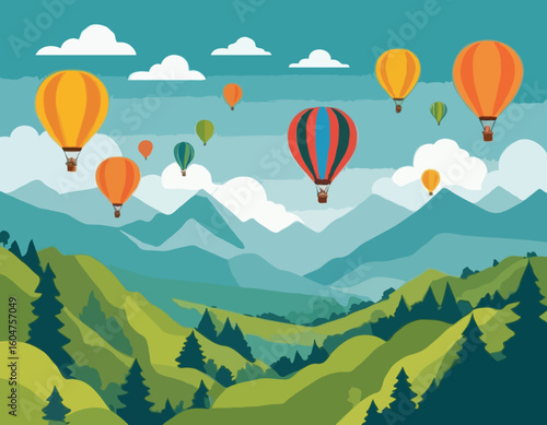 Hot Air Balloon Vector Illustration with Colorful Balloons Flying over Mountains and Forest Landscape for Travel Agency Website Headers and Adventure Tourism Promotion.