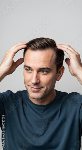 Middle-aged man showing visible signs of hair loss, touching his scalp with concern. Ideal for hair care, hair loss treatment, trichotherapy, and male wellness-related content.