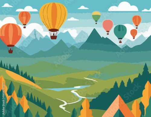 Hot Air Balloon Vector Illustration with Colorful Balloons Flying over Mountains and Forest Landscape for Travel Agency Website Headers and Adventure Tourism Promotion.