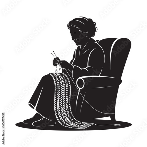 Silhouette of an elderly woman sitting comfortably in an armchair knitting a patterned textile with yarn and needles